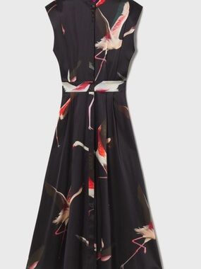 Heidi Merrick black satin dress with flamingos